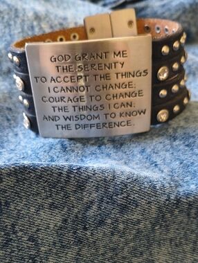 Good Work(s) Serenity Prayer Bracelet W/ Black Leather, Silver Studs & Crystals